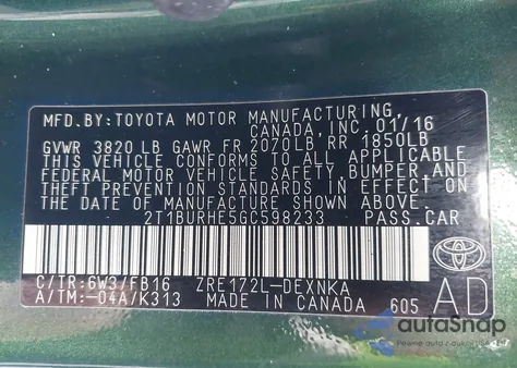 2016 Toyota Corolla Le z USA, uszkodzony, nr VIN 2T1BURHE5GC598233